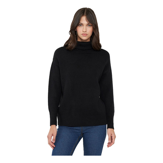 Sweater Mujer Cuello Alto Oversize Negro Corona