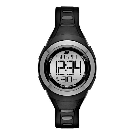 Reloj pulsera Skechers Fashion de cuerpo color negro, digital, para mujer, con correa de silicona color negro, dial negro, minutero/segundero negro, bisel color gris