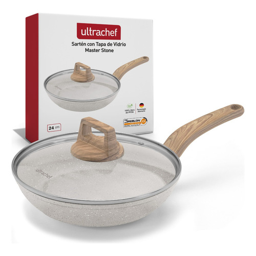 Sartén Antiadherente Con Tapa De Vidrio Templado, Tecnología Alemana, Ultrachef Master Stone, Línea Piedra y Madera, 100% Libre de PFOA, Para Estufas de Inducción, Gas o Eléctrica. Blanco 24 cm