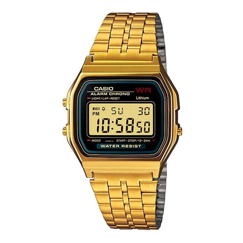 Reloj pulsera Casio Vintage A159 de cuerpo color dorado, digital, fondo negro, con correa de acero inoxidable color dorado, dial negro, minutero/segundero negro, bisel color dorado y hebilla de gancho
