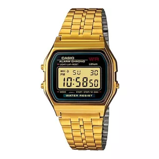 Reloj De Pulsera Casio Vintage A159 De Cuerpo Color Dorado, Digital, Fondo Negro, Con Correa De Acero Inoxidable Color Dorado, Dial Negro, Minutero/segundero Negro, Bisel Color Dorado Y Hebilla De Gan