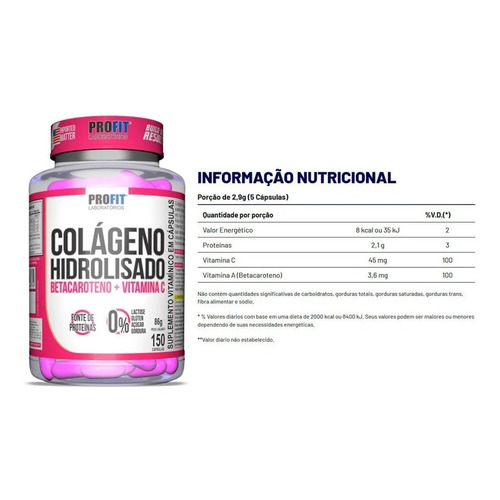 Suplemento en cápsula ProFit Laboratórios  Betacaroteno + Vitamina C Colágeno hidrolisado proteínas en pote de 86g 150 un