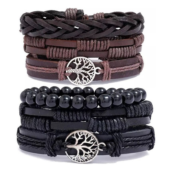 Pulsera Hombre Conjunto 3 En 1 Cuero Sintético Dije Arbol