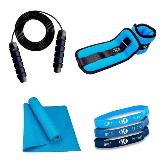 Tapete Yoga Mat 3mm Ejercicio Pilate K6 Fitness Kit 4 En 1 Color Azul