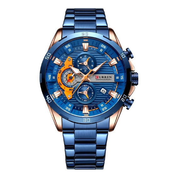 Reloj Curren 8402 Para Hombre Elegante Lujo Pulso Metalico Correa Azul Bisel Azul Fondo Azul
