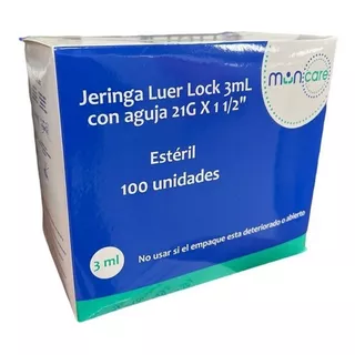 Jeringa Desechable Luer Lock 3cc 21g X 1 1/2 Muncare X100 Capacidad En Volumen 3 Ml