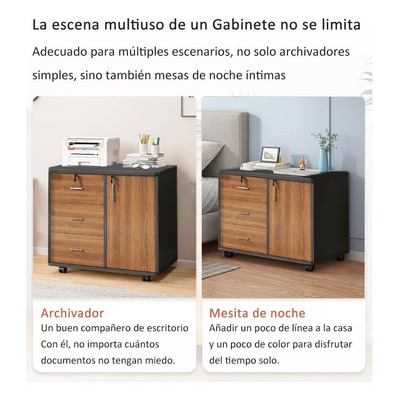 Archivero Metálico Madera Con Ruedas Para Oficina, 3 Cajones