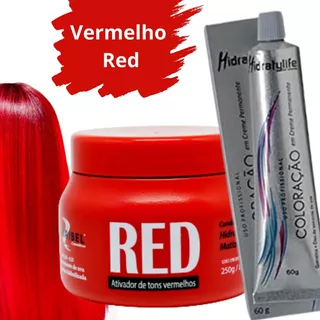  Tinta De Cabelo Vermelho Red + Matizador Red 250g + Ox 90ml Tom Ox 20 Vol Vermelho Red
