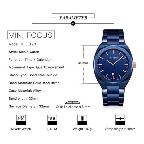 Reloj Mini Focus con calendario de cuarzo para hombre, correa impermeable, color plateado