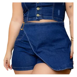 Short Saia Cintura Alta Feminino Jeans Plus Size Com Lycra