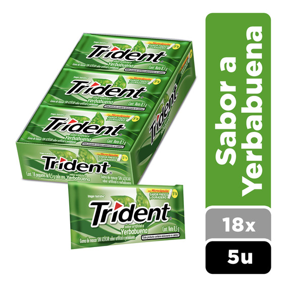 Chicle Trident® Sabor Yerbabuena Sin Azúcar Pack 18 Unidades