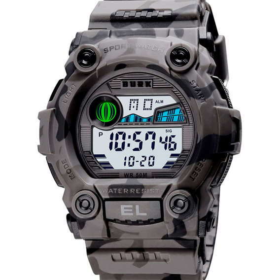 Reloj Militar Hombre Burk 1633 Cronometro Alarma Luz Digital Color de la malla Gris militar