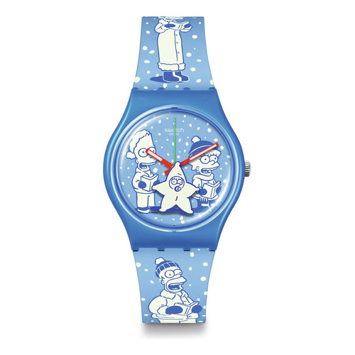 Reloj pulsera Swatch TIDINGS OF JOY, analógico, fondo azul, con correa de silicona color azul, bisel color azul claro y hebilla simple
