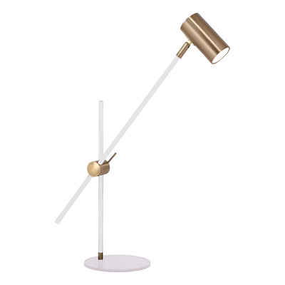 Lampara Velador Mesa Pouly Blanco Dorado Apto Led Deco Lk