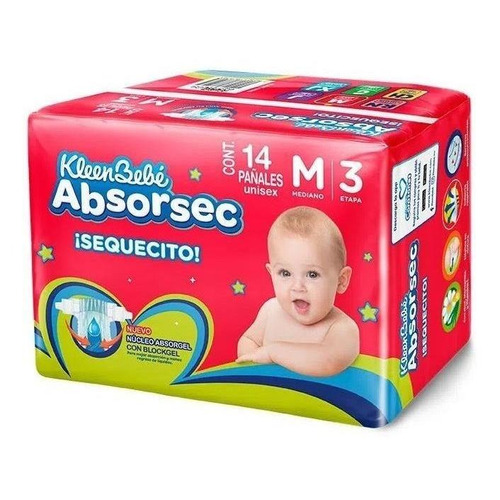 Pañales Kleenbebe Absorsec Unisex Mediano 14 Piezas Etapa 3