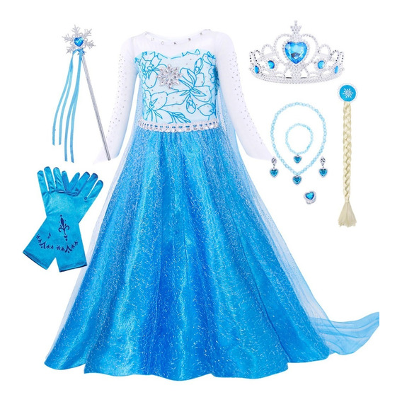 Vestido De Princesa Elsa Frozen Con Accesorios Para Niña