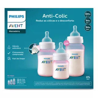 Kit Mamadeira Avent Clássica Rosa 125,260, 310 Ml, Anticólica, Bico Silicone, Mamadeira Anti-refluxo