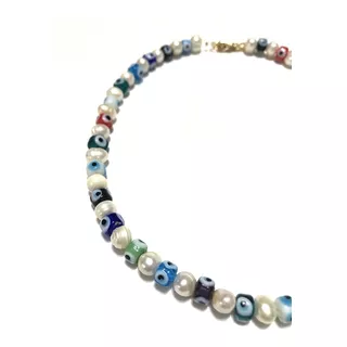 Collar Perlas De Río Con Separadores Ojo Turco De Murano