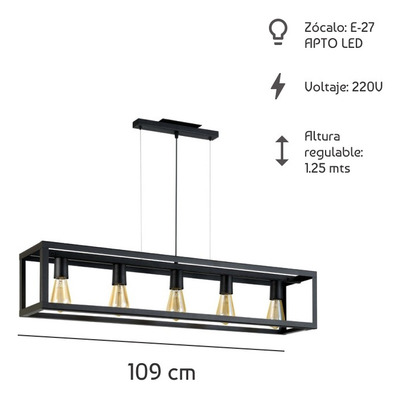 Colgante Cajón Cubo 5 Luces Negro Linea Rustica Luz Desing