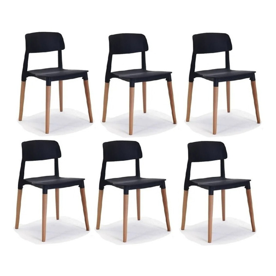 Sillas De Comedor Milan Apilables Madera Nordicas Pack 6 Color de la estructura de la silla Negro