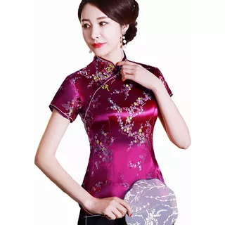 Cheongsam Chino Blusa Etnica De Manga Corta Con Cuello Alto