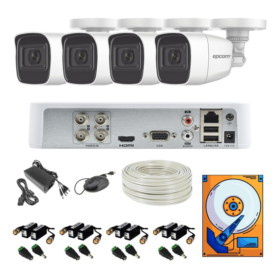 Kit Circuito Cerrado 4 1080 Epcom Audio Metal 100mts Utp 2tb