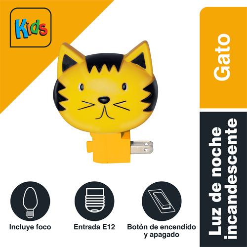Luz De Noche Incandescente Sanelec Kids 4w Diseño Gato Color Amarillo