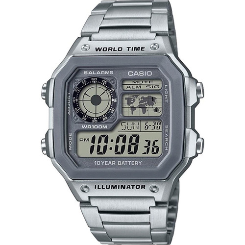 Reloj Casio Ae1200 Metal Mapa Mundial Full Correa Plateado Bisel Plateado Fondo Gris