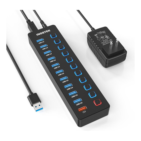 INGSTEK 11 Puertos Hub USB, 10 Puertos USB 3.0 de 5Gbps + 1 Puerto de Carga Inteligente con Interruptor Independiente LED | con Adaptador de corriente