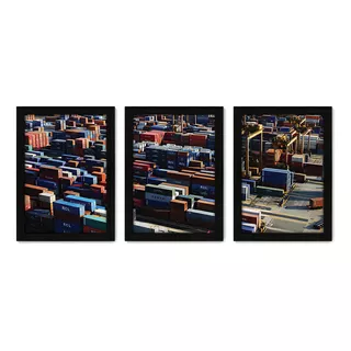 Kit Com 3 Quadros - Porto Containers Paisagem - 137kq02p Cor Da Armação Preto