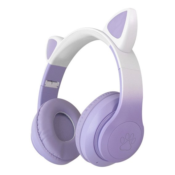 Audifonos Diadema Gato Inalambricos Bluetooth Fm Luces Niña Color Violeta Luz Rgb