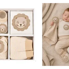 Kit Presente Bebê 4 Pçs Roupa Enxoval Menino Menina Algodão Bege Leao Longo P