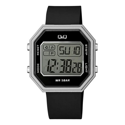Reloj pulsera digital Q&Q M206J003Y con correa de resina color negra - fondo verde - bisel plateado