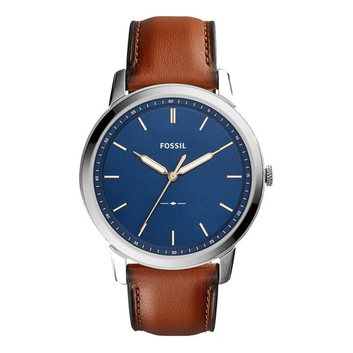 Reloj pulsera Fossil The minimalist con correa de cuero color marrón - fondo azul - bisel plata