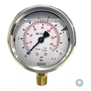 Manômetro De Pressão 63mm, Com Glicerina Escala Dupla 150psi X 10 Kgf/cm2, Conexão 1/4 Npt   Wika