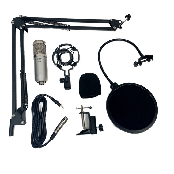 Kit Microfono Condenser Hügel Plateado Soporte Pop Filter 