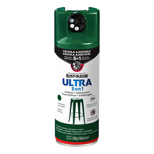 Pintura Aerosol Antióxido Rust Oleum 5 Válvulas Ultra 5 En 1 Color Verde Militar Brillante Hunter Green