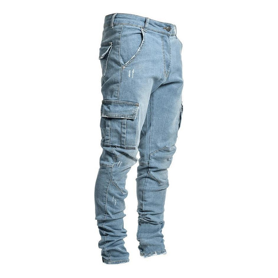 Jeans Flexibles De Bolsillo Múltiple De Moda Masculina