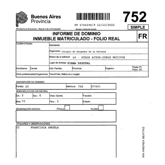 Informe De Dominio Inmueble. Titularidad. Inhibición . Bs As