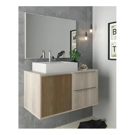 Juego De Baño Muebles Web Aereo Mdf 2 Cajones Puerta Bacha  Y Espejo