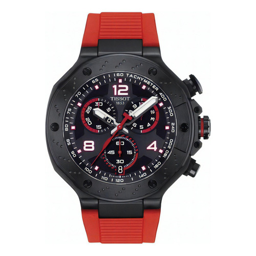 Reloj pulsera Tissot T-Sport T-race chronograph de cuerpo color negro, analógico, para hombre, fondo negro, con correa de silicona color rojo, bisel color negro y hebilla simple