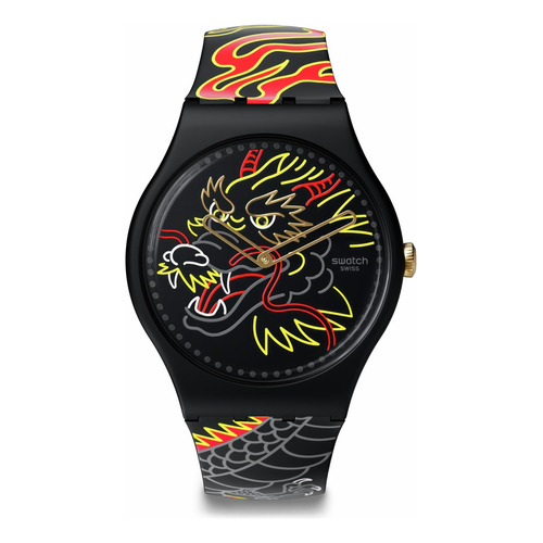 Reloj Swatch Dragon In Wind Pay! So29z137-5300 Color De La Correa Negro Color Del Bisel Negro Color Del Fondo Negro