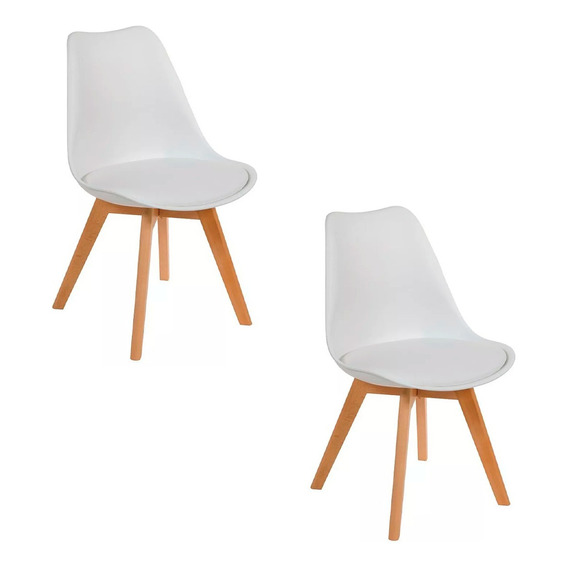 Set 2 Sillas Comedor Tulip Moderna Minimalista Acolchonada Estructura De La Silla Marrón Claro Asiento Blanco Diseño De La Tela Acolchonado