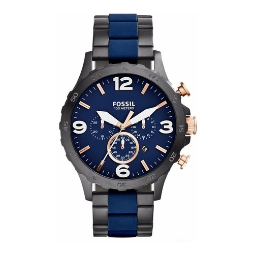 Reloj pulsera Fossil Nate con correa de acero inoxidable color azul/negro - fondo azul - bisel negro