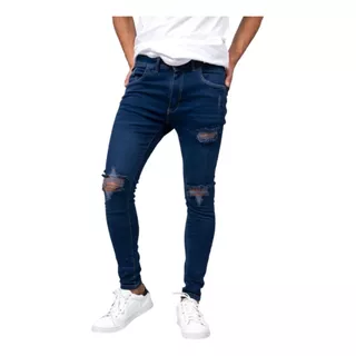 Jeans Blue De Hombre Elastizado Con Rotura Laser Pantalón