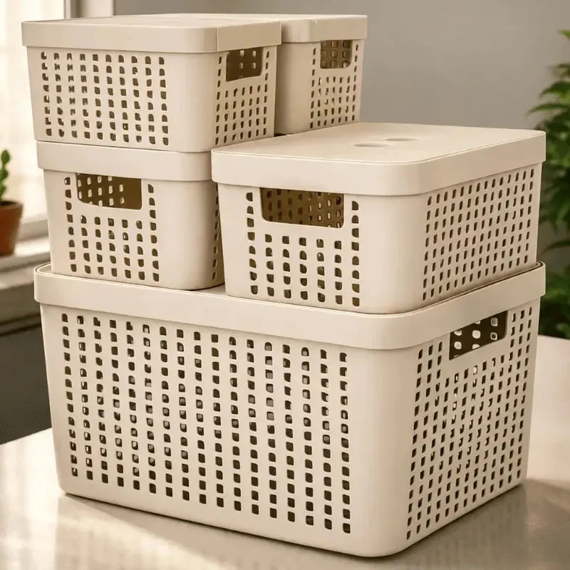 Kit 5 Caixas Organizadoras 2l 4,5l 17l Com Tampa Multiuso Cor Bege