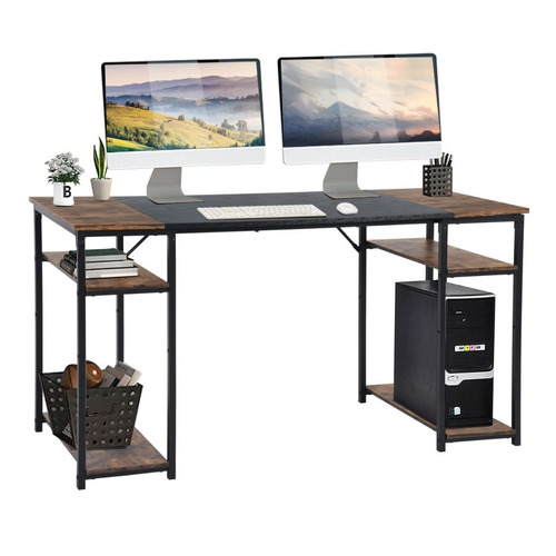 Homemake Furniture Escritorio Con Repisa Inferior Moderno Marrón Con Negro 120cm, Escritorio De Metal Y Acabados Tipo Madera, Mesa De Trabajo Con Estante En Ambos Lados, Ahorro De Espacio