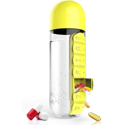 Pastillero Organizador Semanal Con Botella Plastica 600ml Color Amarillo