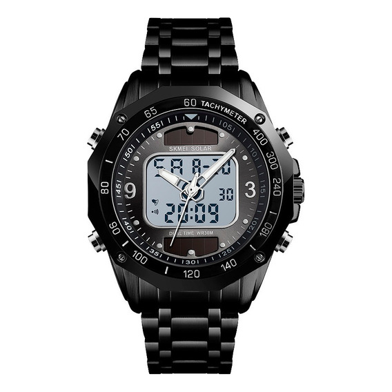 Reloj Hombre Skmei 1493 Carga Solar Cronometro Elegante Malla Negro Bisel Negro Fondo Blanco