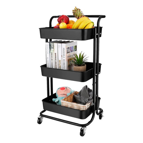 Carrito Auxiliar Organizador Multi Uso 3 Niveles Ruedas 360 Color Negro